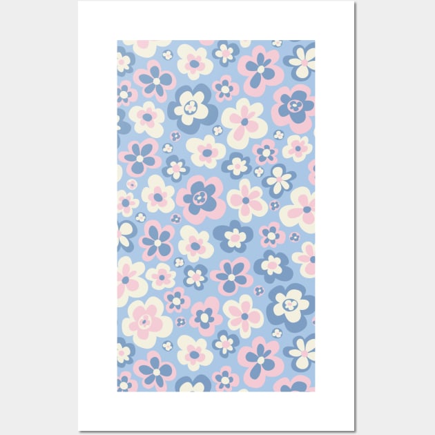 retro florals pattern, 70s groovy flowers, flower market, scandinavian florals, danish style, baby pink, baby blue Wall Art by blomastudios